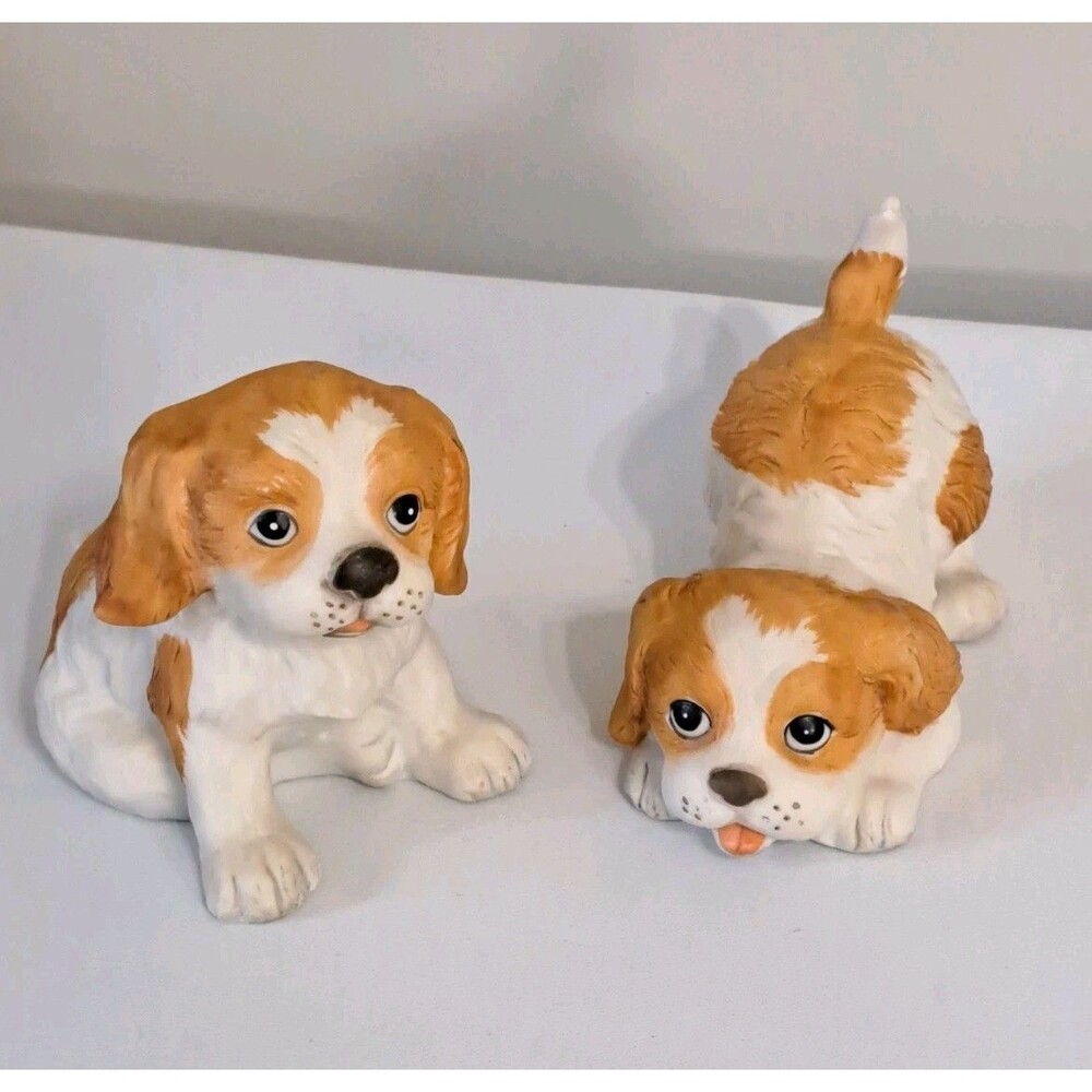 2 VTG Homco #1407 Cocker Spaniel Puppy Dog Figurines White Tan Ceramic Cute